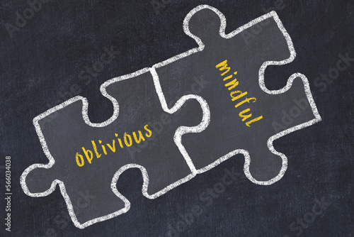 Concept of dealing with troubles. Chalk sketch of connecting puzzles with words oblivious and mindful