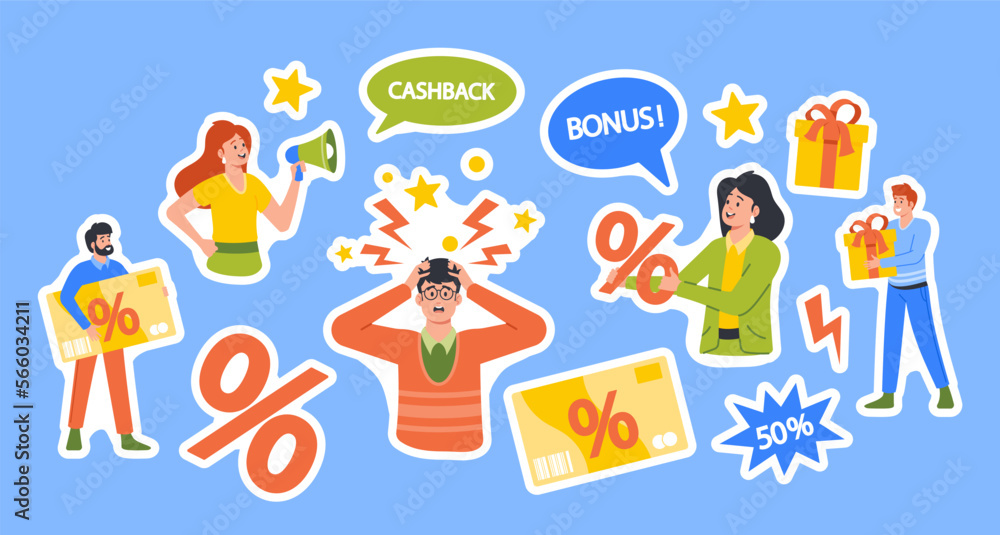 Set of Stickers Male Buyer Surrounded by Intrusive Advertising of Promotional Products. People Offer Discounts Set of Stickers Male Buyer Surrounded by Intrusive Advertising of Promotional Products. People Offer Discounts
