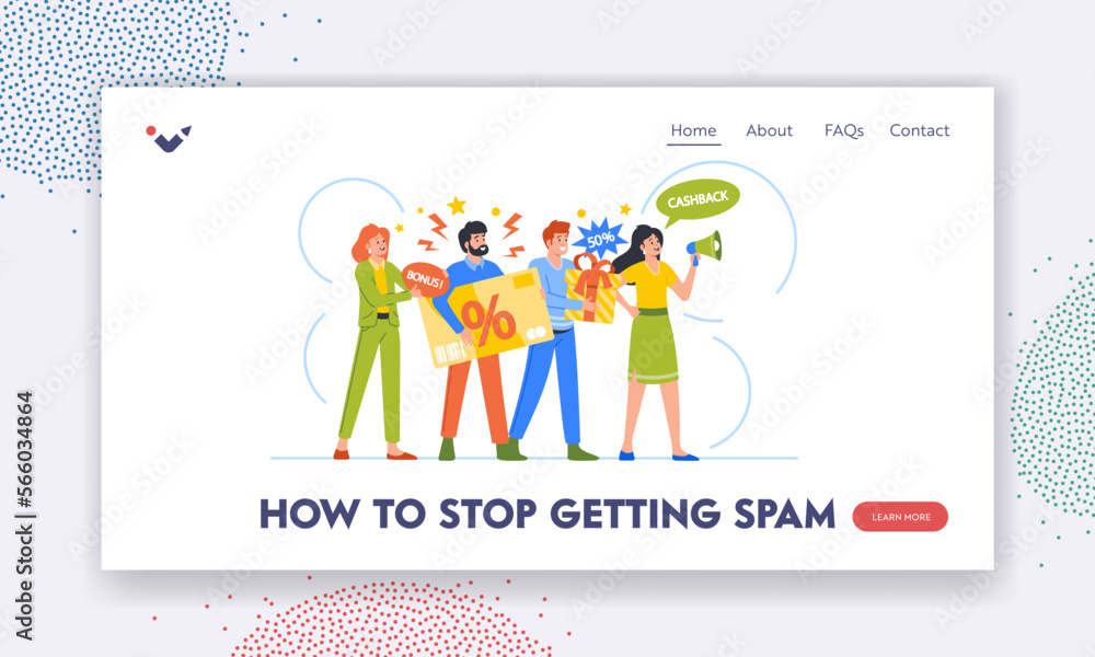 How to Stop Spam Landing Page Template. Annoying Salespeople Characters Insistently Announce Special Offers How to Stop Spam Landing Page Template. Annoying Salespeople Characters Insistently Announce Special Offers