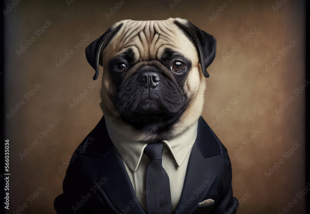 Boss dog in the office behind a desk. Business concept, pet, head of the company. Dark background. Generative AI