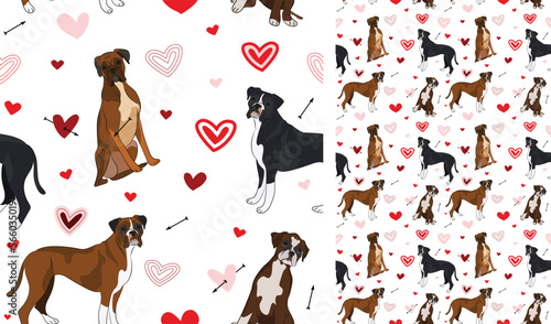 Boxer dog Valentine's day heart wallpaper. Love doodles creative hearts with pets holiday texture. square background, repeatable pattern. St Valentine's day wallpaper, valentine present, print tiles.