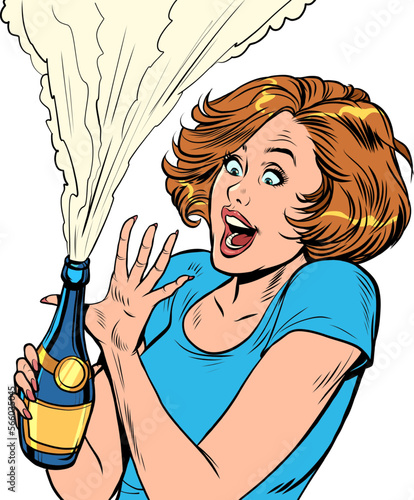 Woman opens a bottle of champagne, celebration new year or birthday