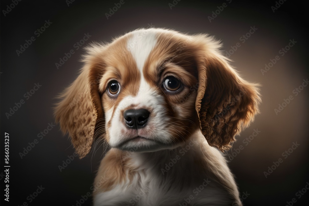 Cute small dog with brown and white hair on dark background looking at camera. Generative AI