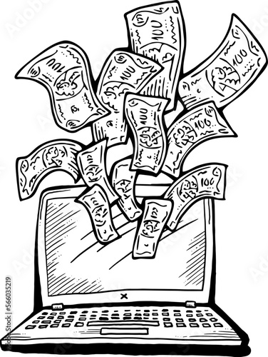 Money cash flying into and out of wallet. Income transfer, currency revenue, inflation and deflation, finance and business theme. Hand drawing illustration. Cartoon style line drawing.