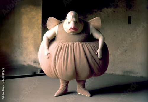 Big monster with fat fish shape wearing a brown dancer dress on a dark room. Character for a tale. Generative AI