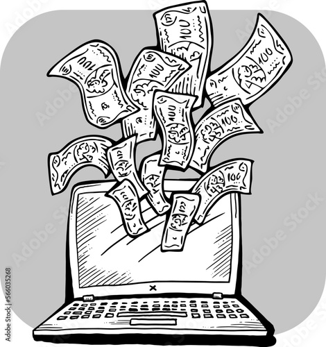 Money cash flying into and out of wallet. Income transfer, currency revenue, inflation and deflation, finance and business theme. Hand drawing illustration. Cartoon style line drawing.