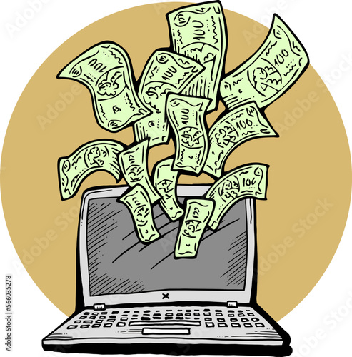 Money cash flying into and out of wallet. Income transfer, currency revenue, inflation and deflation, finance and business theme. Hand drawing illustration. Cartoon style line drawing.