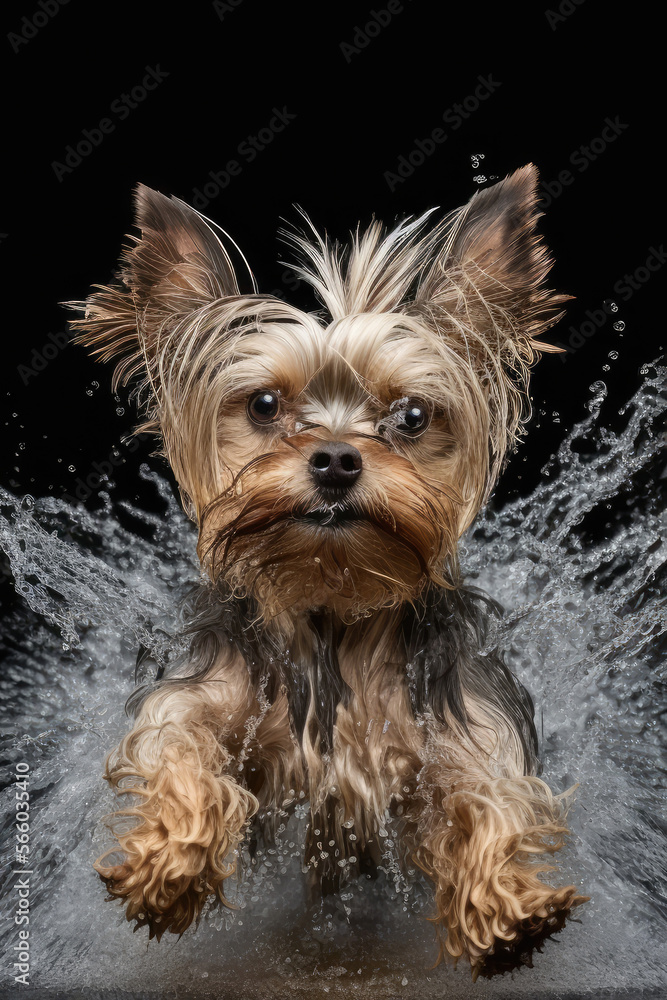 Funny yorkshire in motion going through water on black background. Generative AI Funny yorkshire in motion going through water on black background. Generative AI