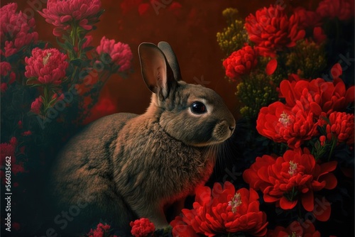 Illustration of a brown rabbit between red flowers. Dark colors. Generative AI