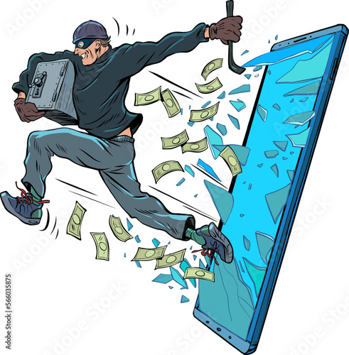 A thief steals electronic money through a smartphone. Internet fraud, data theft by hackers