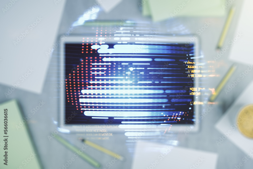Multi exposure of abstract programming language hologram with world map and modern digital tablet on background, artificial intelligence and neural networks concept Multi exposure of abstract programming language hologram with world map and modern digital tablet on background, artificial intelligence and neural networks concept