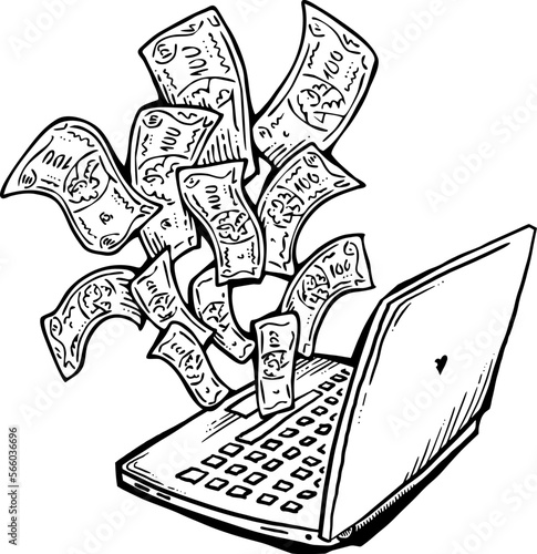 Money cash flying into and out of wallet. Income transfer, currency revenue, inflation and deflation, finance and business theme. Hand drawing illustration. Cartoon style line drawing.