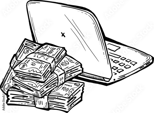 Money cash flying into and out of wallet. Income transfer, currency revenue, inflation and deflation, finance and business theme. Hand drawing illustration. Cartoon style line drawing.
