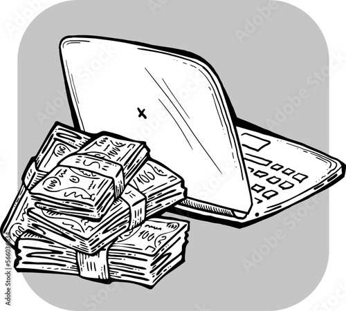 Money cash flying into and out of wallet. Income transfer, currency revenue, inflation and deflation, finance and business theme. Hand drawing illustration. Cartoon style line drawing.