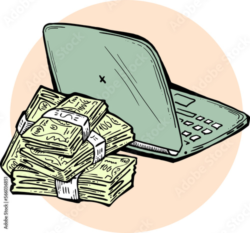 Money cash flying into and out of wallet. Income transfer, currency revenue, inflation and deflation, finance and business theme. Hand drawing illustration. Cartoon style line drawing.