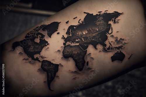 Map of continents tattoo, concept of Geographical Representation and Body Art, created with Generative AI technology