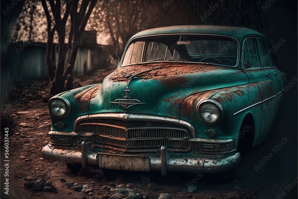 Old and forgotten car in an abandoned parking lot, concept of
