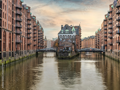 The Warehouse District Speicherstadt during a sunset in Hamburg  Germany