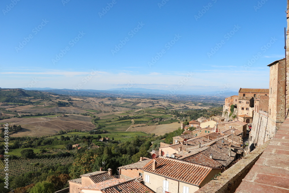 Panoramic view round Montepulciano to the valley in summer, Tuscany Italy
