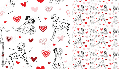 Dalmatian dog Valentine's day heart wallpaper. Love doodles hearts with pets holiday texture. square background, repeatable pattern. St Valentine's day wallpaper, valentine present, print tiles.
