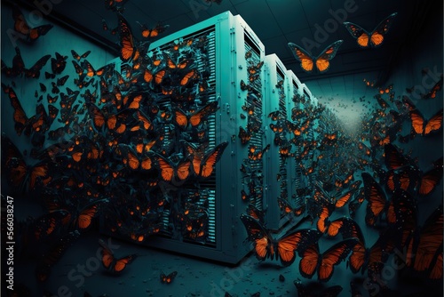 Server room full of butterflies  concept of Metamorphosis and Transformation  created with Generative AI technology