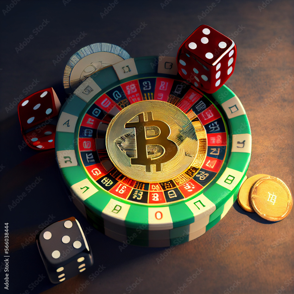 Gambling bitcoins, bitcoin coins in casino, investment risk concept background Gambling bitcoins, bitcoin coins in casino, investment risk concept background