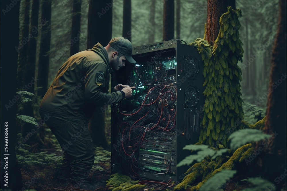 System administrator fixing servers in a forest, concept of Green technology, Data Security and Troubleshooting, created with Generative AI technology