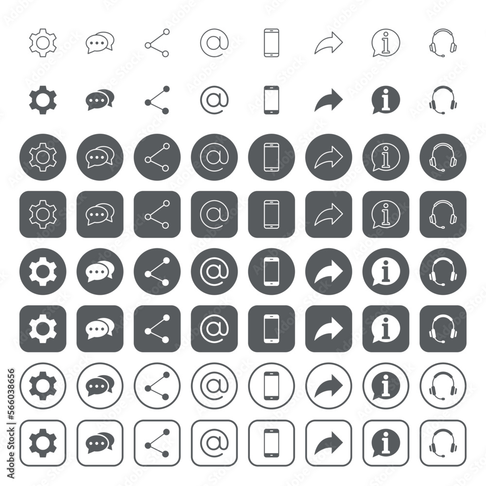 Web user interface icons. icon set contains such icons as gear, speech bubble, share sign, 'at' symbol, smart phone, contact us, headset. Web user interface icons. icon set contains such icons as gear, speech bubble, share sign, 'at' symbol, smart phone, contact us, headset.