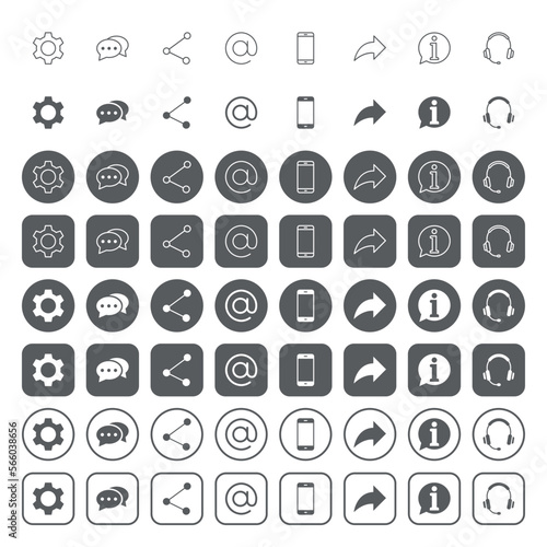 Web user interface icons. icon set contains such icons as gear, speech bubble, share sign, 'at' symbol, smart phone, contact us, headset.