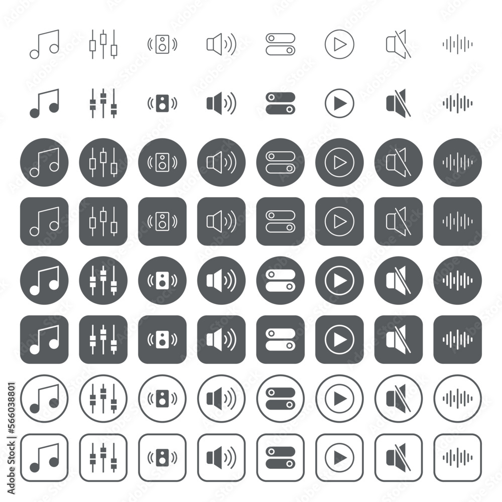 Web user interface icons. icon set contains such icons as music note, sound mixer, speaker, play button, mute button, sound wave. Web user interface icons. icon set contains such icons as music note, sound mixer, speaker, play button, mute button, sound wave.