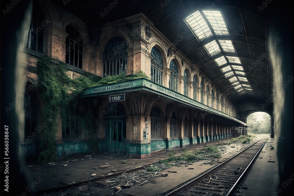 Wide-angle shot of an abandoned railway station, concept of Abandoned and Railways, created with Generative AI technology Wide-angle shot of an abandoned railway station, concept of Abandoned and Railways, created with Generative AI technology