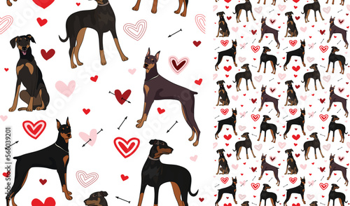 Doberman dog Valentine's day heart wallpaper. Love doodles hearts with pets holiday texture. square background, repeatable pattern. St Valentine's day wallpaper, valentine present, print tiles.