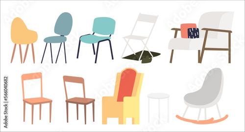 Different chairs and armchairs set. Stylish furniture for home living room interior. Cartoon seats