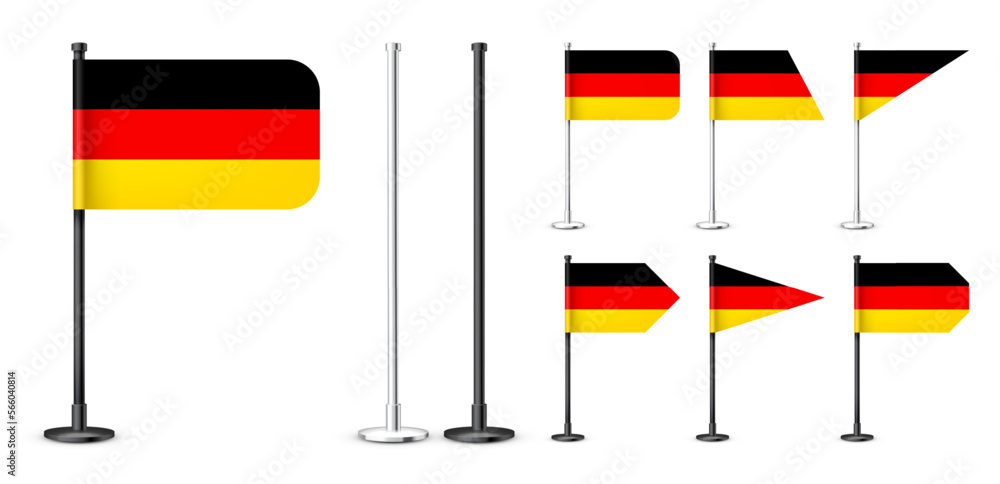 Realistic various German table flags on a black steel pole. Souvenir from Germany. Desk flag made of paper or fabric, shiny metal stand. Mockup for promotion and advertising. Vector illustration Realistic various German table flags on a black steel pole. Souvenir from Germany. Desk flag made of paper or fabric, shiny metal stand. Mockup for promotion and advertising. Vector illustration
