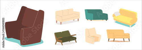 Set of sofas. Colorful collection of trendy comfortable couches for apartment interior design