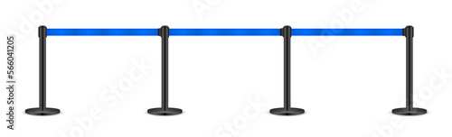Realistic blue retractable belt stanchion. Crowd control barrier posts with caution strap. Queue lines. Restriction border and danger tape. Attention, warning sign. Vector illustration