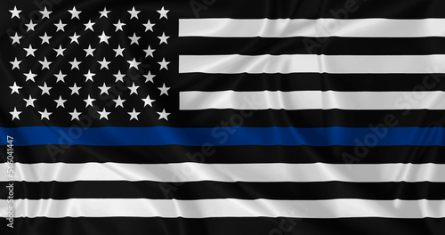American National flag, with police support symbol. Black and white stripes with blue line.