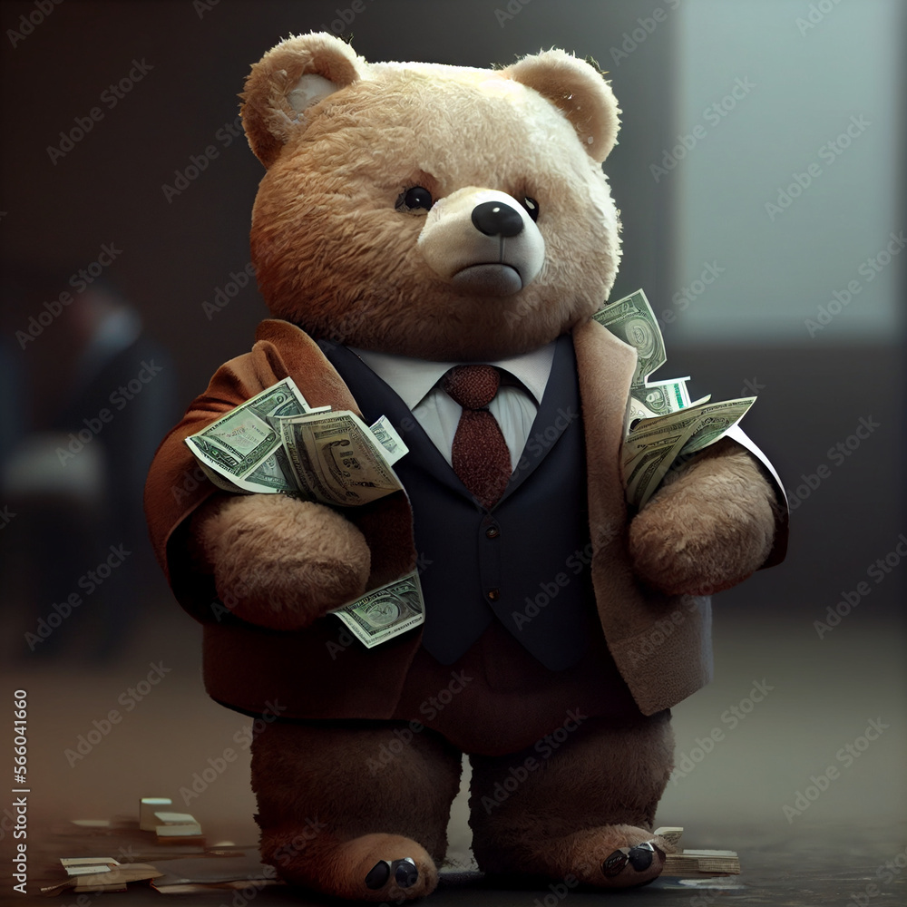 Rich teddy bear with a lot of money, millionaire teddy bear