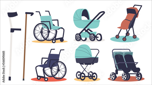 Realistic wheelchairs, crutches, kids strollers and prams set of reduced mobility issue