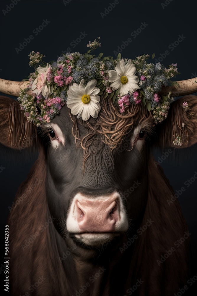 GemusterteSchwarzwald Kuh dekoriert mit Blumen auf dem Kopf, Tradition, Facing, Generative AI GemusterteSchwarzwald Kuh dekoriert mit Blumen auf dem Kopf, Tradition, Facing, Generative AI