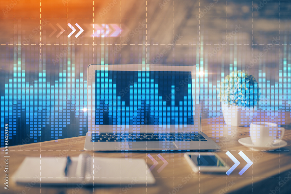 Double exposure of forex chart and work space with computer. Concept of international online trading. Double exposure of forex chart and work space with computer. Concept of international online trading.