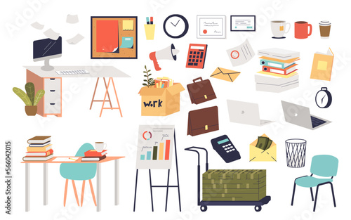 Office work elements set. Workplace desk, laptop pc, money, seat, books, paper documents and salary