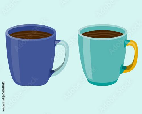 Cup of tea blue and turquoise SET in realistic style. Porcelain mug with hot cofee.