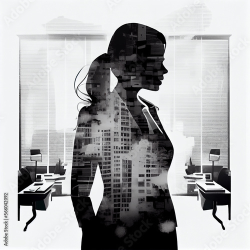 Business background, businesswoman double exposure effect and city buildings illustration photo