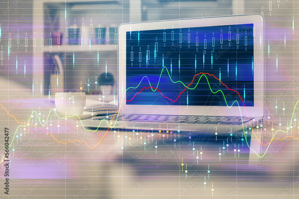 Double exposure of forex chart and work space with computer. Concept of international online trading. Double exposure of forex chart and work space with computer. Concept of international online trading.