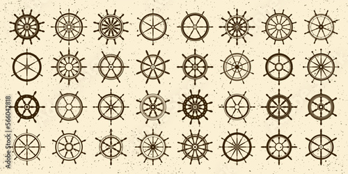 Collection of grunge vintage steering wheels. Ship, yacht retro wheel symbol. Nautical rudder icon. Marine design element. Vector illustration