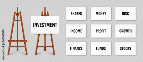 Realistic paint desk with text on white canvas. Wooden easel and a sheet of drawing paper. Presentation board on a tripod. Business investment, economics and finance. Vector illustration