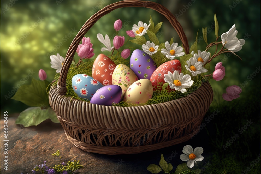 Basket with easter eggs in the garden, digital illustration, Generative AI
Basket with easter eggs in the garden, digital illustration, Generative AI
