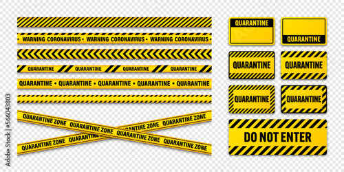 Various quarantine zone warning tapes and shields. Novel coronavirus outbreak. Global lockdown. Coronavirus danger stripe. Police caution line, restricted area. Construction tape. Vector illustration © 32 pixels