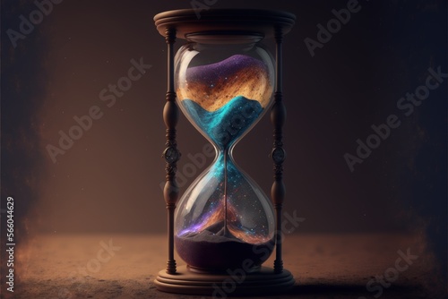 Hourglass with universe inside, galaxy inside hourglass, digital illustration, Generative AI